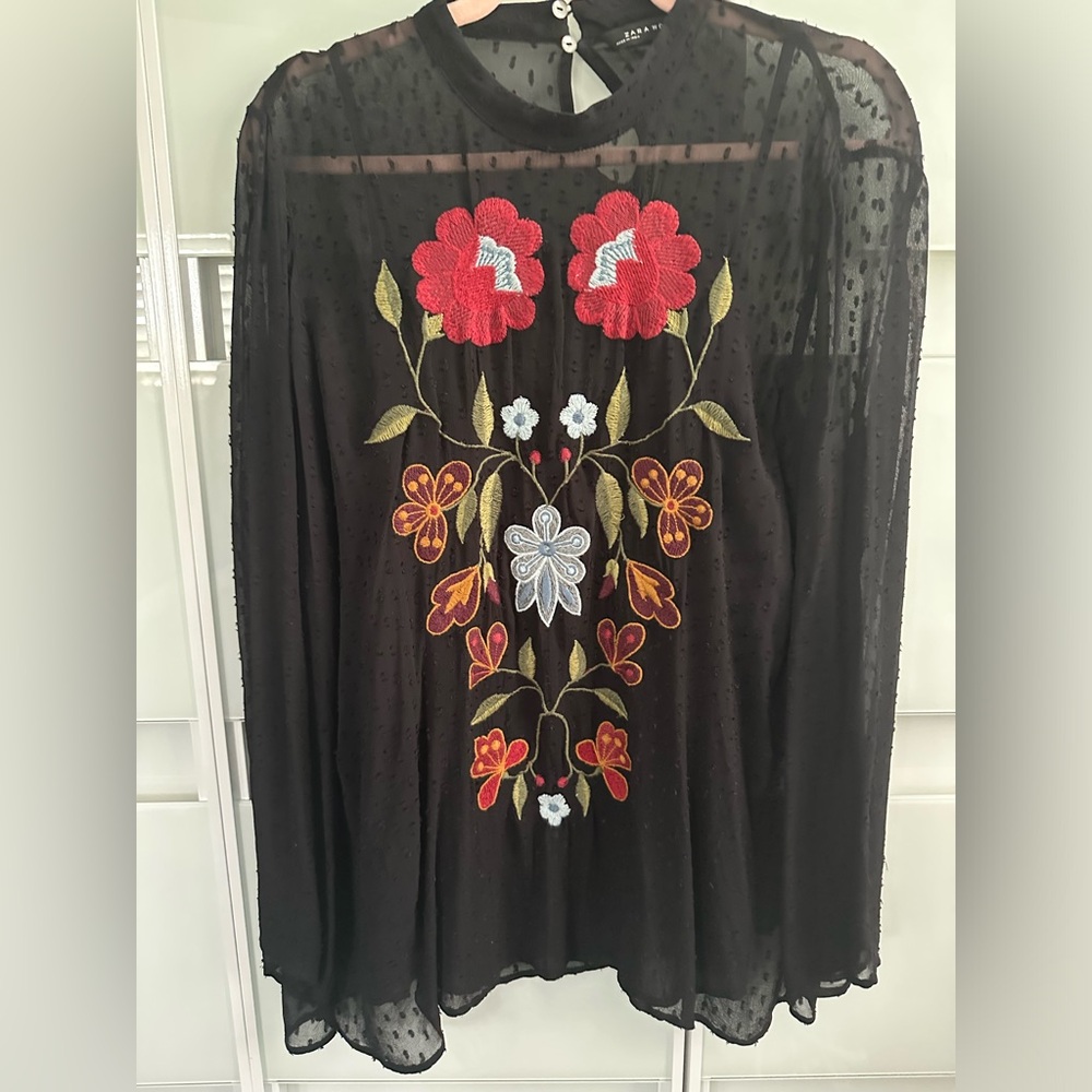 Zara black sheer embroidered floral fall blouse size M
